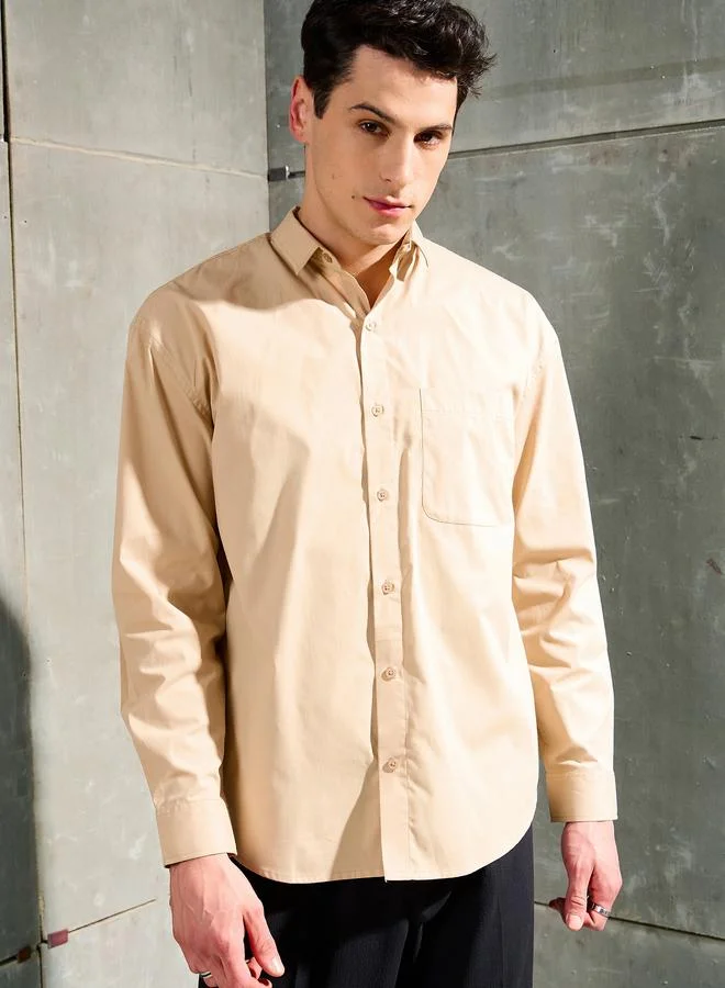 SASSAFRAS Men Beige Solid Long Sleeve Relaxed Fit Shirt with Pocket