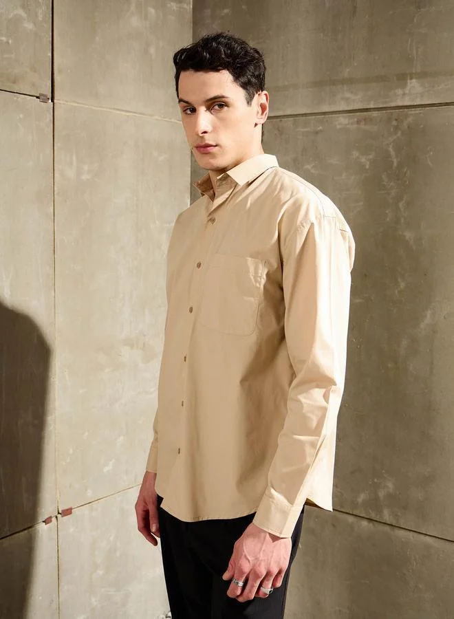 SASSAFRAS Men Beige Solid Long Sleeve Relaxed Fit Shirt with Pocket