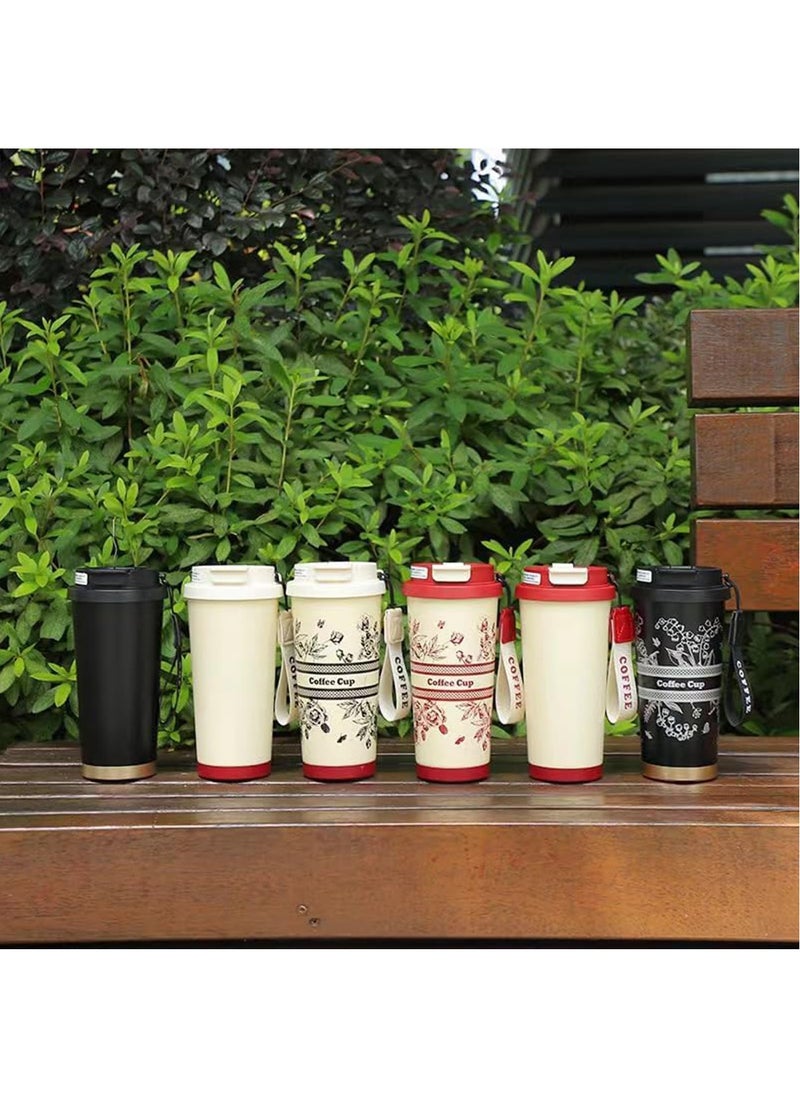 Hihonor - 500ML/17oz Flower Insulation Mugs with Sealing Cap 316 Stainless Steel Vacuum Double Wall Insulation Bottle Insulation Bottle Milk Coffee Cup Business Travel Leisure Water Cup (Black) - Image 1