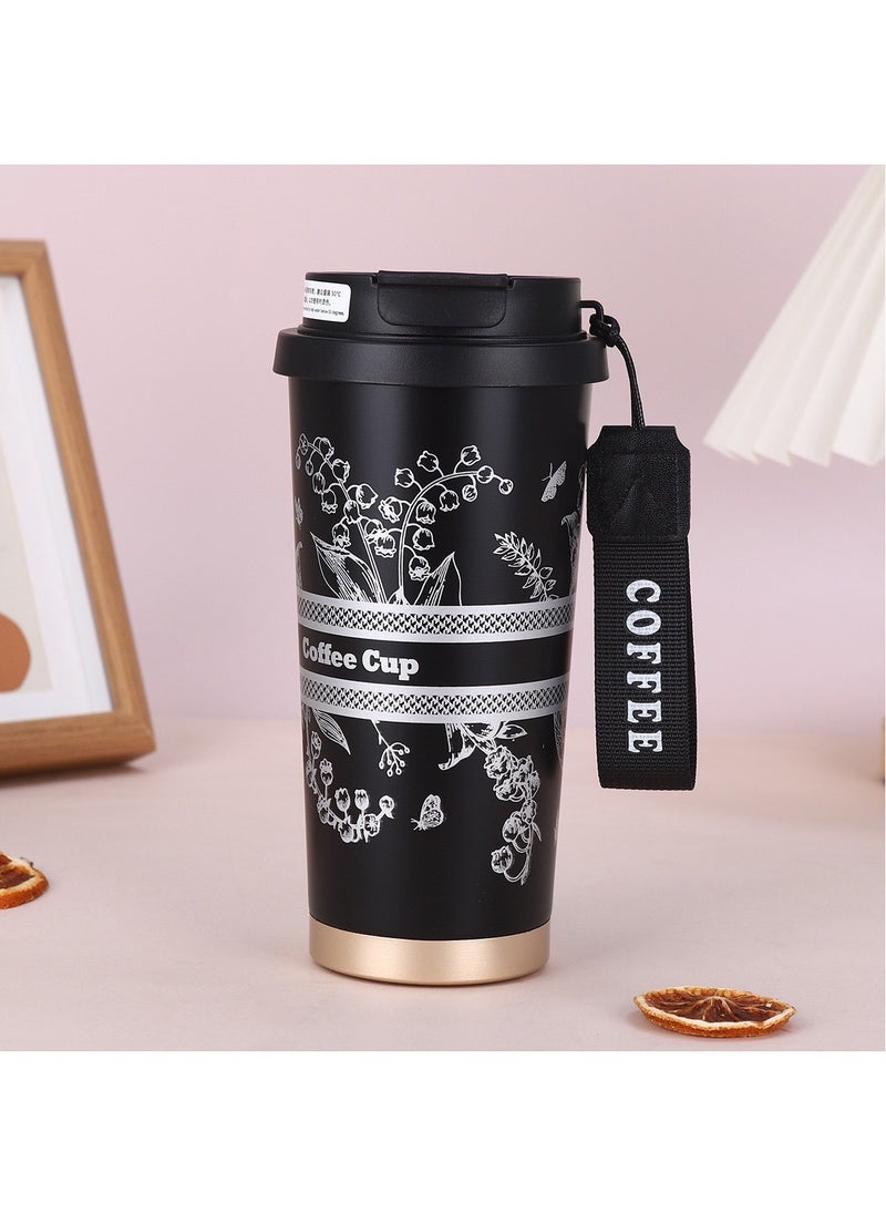 Hihonor - 500ML/17oz Flower Insulation Mugs with Sealing Cap 316 Stainless Steel Vacuum Double Wall Insulation Bottle Insulation Bottle Milk Coffee Cup Business Travel Leisure Water Cup (Black) - Image 1