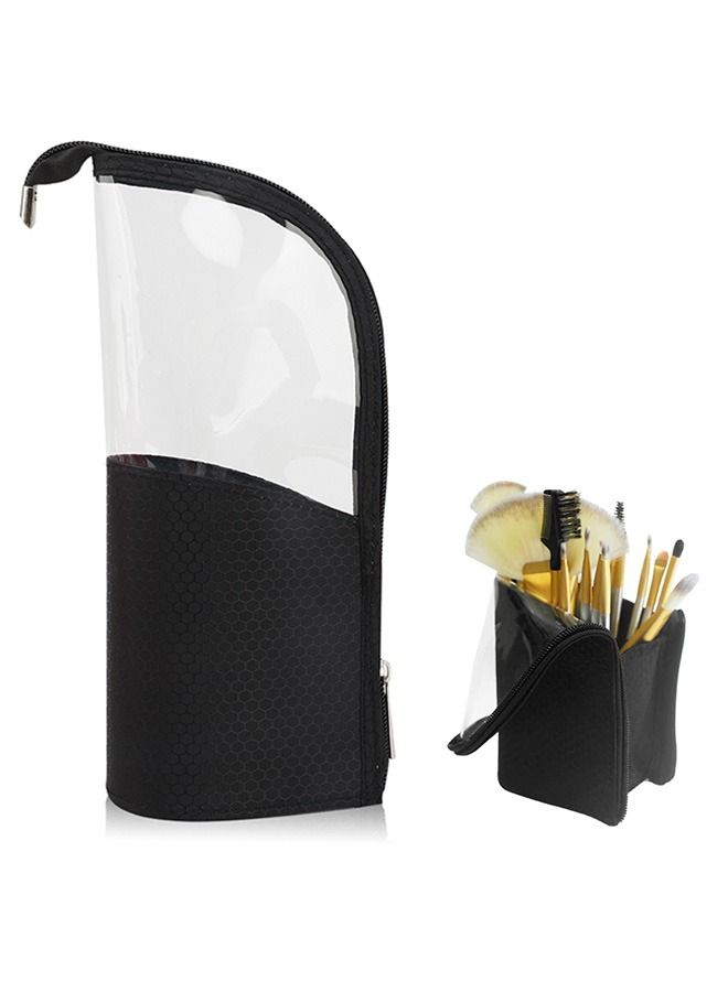 Portable Waterproof Makeup Brush Bag, Pencil Pen Case Organizer Bag Clear Plastic Cosmetic Zipper Pouch,  Dust-Free Stand-Up Small Toiletry Stationery Bag (Black) - Image 1