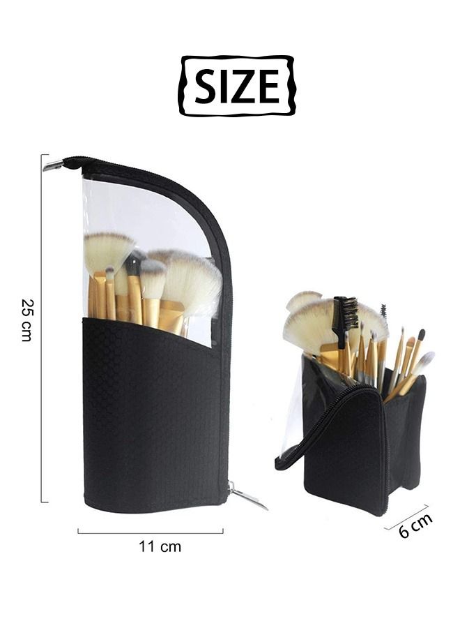 Portable Waterproof Makeup Brush Bag, Pencil Pen Case Organizer Bag Clear Plastic Cosmetic Zipper Pouch,  Dust-Free Stand-Up Small Toiletry Stationery Bag (Black) - Image 2
