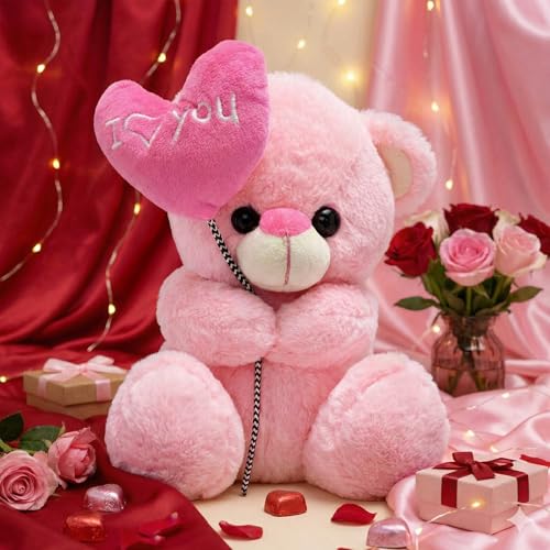 Kidology Heart Balloon Teddy Bear Soft Toy | Cute Plush Teddy with Love Message Balloon | Ultra-Soft, Lovable & Huggable Teddy | Romantic Gift for Valentine, Anniversary & Birthday Gift - Image 1