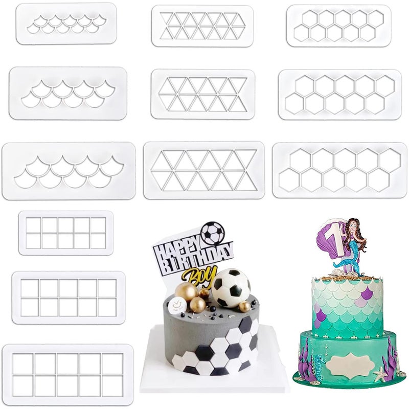 PKEAFC 12 Pcs Cake Fondant Cutter  Fish Scale Fondant Cutters 4 Size Geometric Biscuit Cutters Cake Decorating Cookie Cutter Cake Border Decorating Tool for Square & Hexagon Cookie Cutters - Image 1
