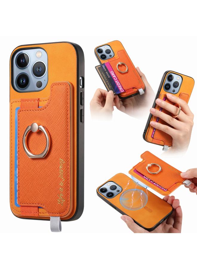 اس-توب جراب هاتف iPhone 14 Pro Max Retro Magsafe Cross Leather Ring Holder Card Bag Case - Image 1
