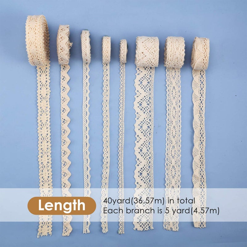 Tatuo 40 Yards Cotton Lace Trim Vintage Ribbon Crochet Cotton Lace Scalloped Edge for Bridal Wedding Decoration Christmas Package DIY Sewing Craft Supply, 5 Yards Each, 8 Styles(Beige) - Image 1