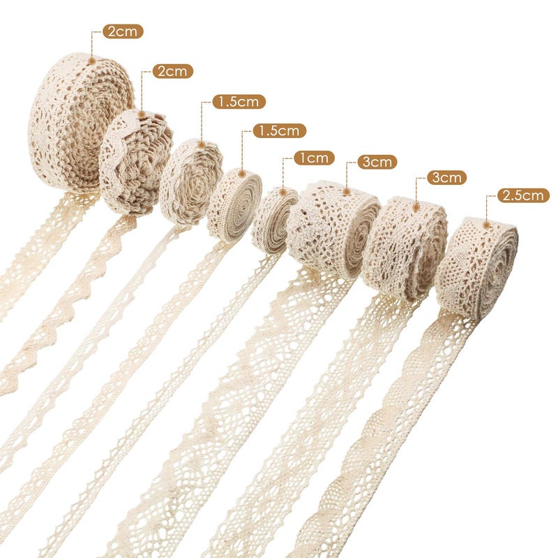 Tatuo 40 Yards Cotton Lace Trim Vintage Ribbon Crochet Cotton Lace Scalloped Edge for Bridal Wedding Decoration Christmas Package DIY Sewing Craft Supply, 5 Yards Each, 8 Styles(Beige) - Image 4