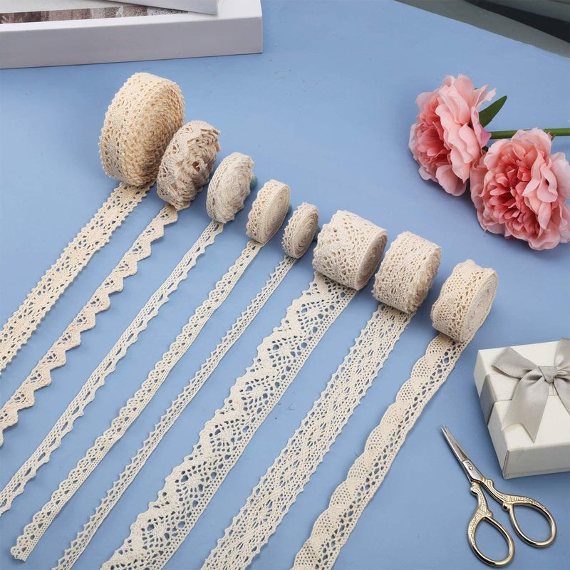 Tatuo 40 Yards Cotton Lace Trim Vintage Ribbon Crochet Cotton Lace Scalloped Edge for Bridal Wedding Decoration Christmas Package DIY Sewing Craft Supply, 5 Yards Each, 8 Styles(Beige) - Image 3