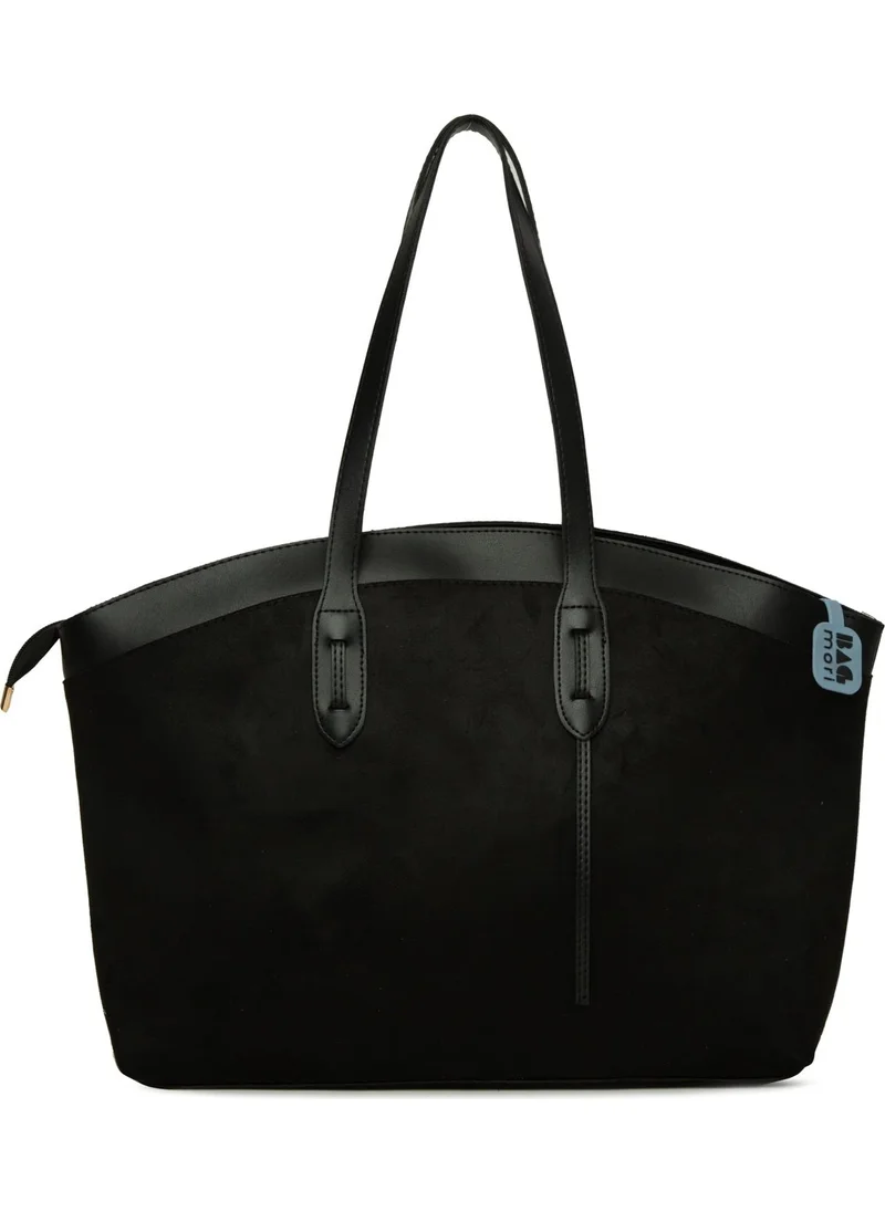 باجموري Black Leather Garnished Large Suede Tote Bag
