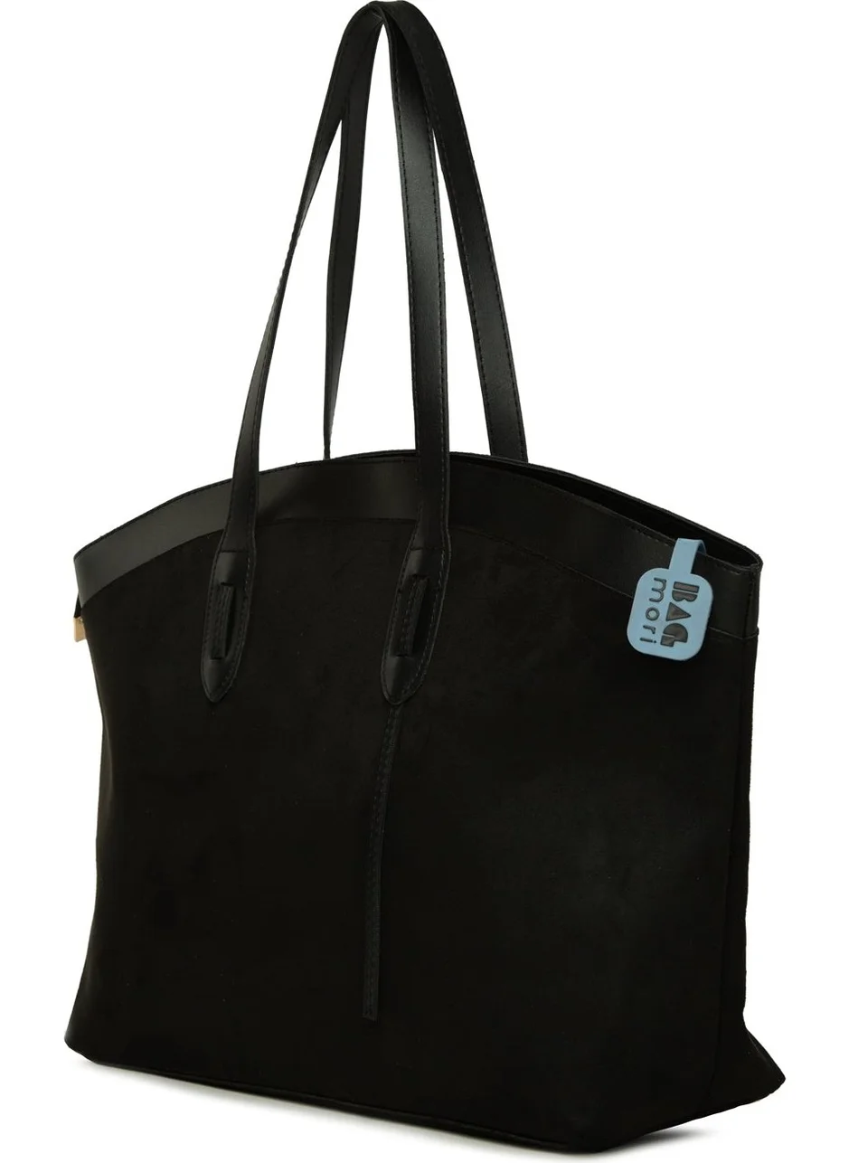 باجموري Black Leather Garnished Large Suede Tote Bag