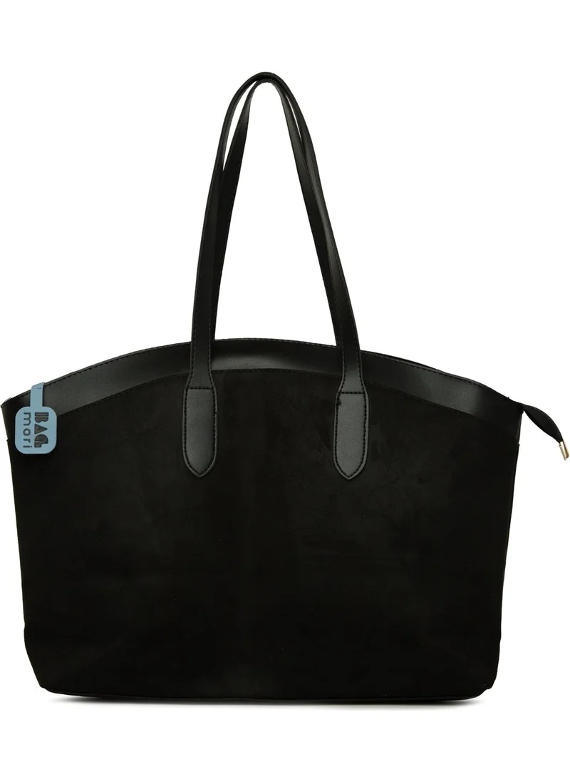 باجموري Black Leather Garnished Large Suede Tote Bag