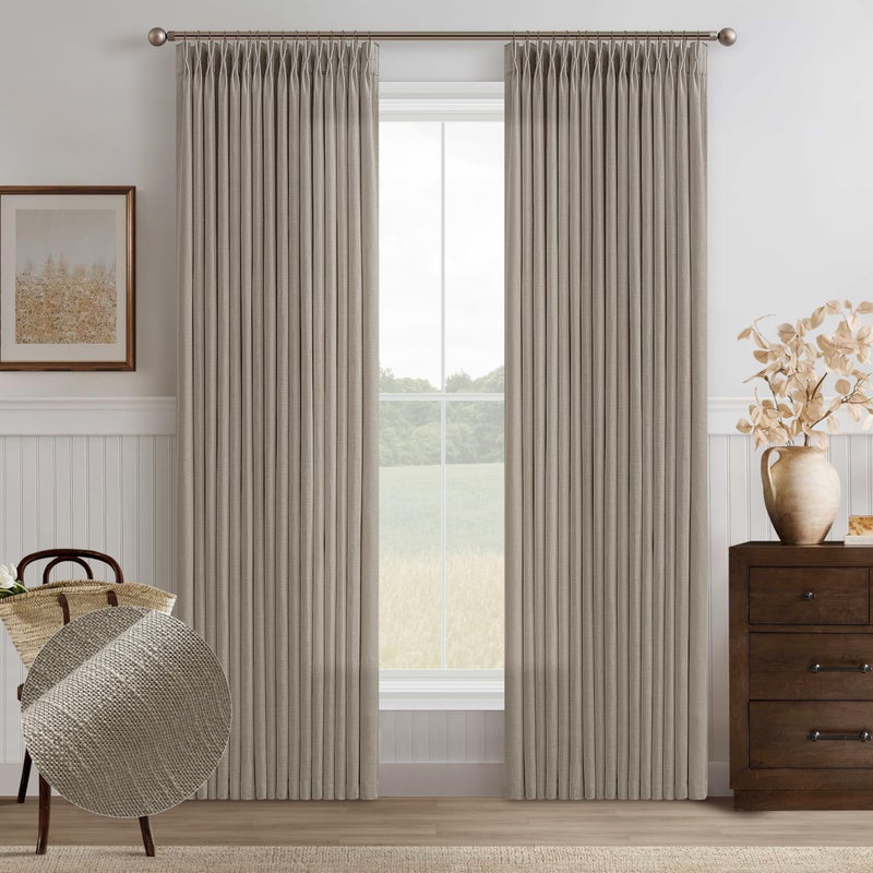 TWODRAPES Linen Taupe Curtains 96 Inches Long Pinch Pleat for Living Room Dining 2 Panels Tan Brown Burlywood Light Filtering Privacy 96 Inch Pleated Drapes Hooks Rings Back Tab for Sliding Door Bedroom - Image 1