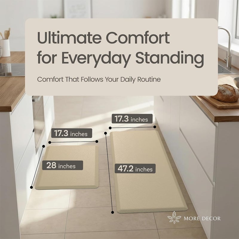 More Decor سجادات المطبخ المضادة للتعب للأرضية | سجاد المطبخ المبطن | سجاد مكتب الوقوف غير قابل للانزلاق ومبطن | سجاد أرضي مقاوم للماء | 17.3 بوصة × 28 بوصة × 0.47 بوصة و 17.3 بوصة × 47.2 بوصة × 0.47 بوصة، بيج، عبوة من قطعتين | المزيد من الديكور - Image 2