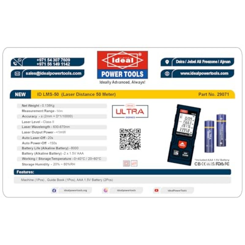- Laser Measure 50M Range - 4 Measurement Modes, 2x AAA Battery included, Compact design, Certified by FDA, UKCA, FCC, CE, CB. - Image 2