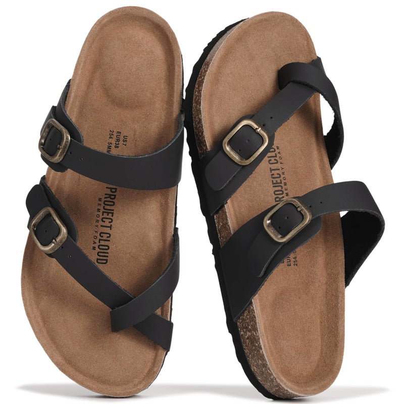 Project Cloud 100% Genuine Leather Womens Sandals -Lightweight Womens Slides Memory Foam Insole & Cork Footbed Sandals Women - Non-Slip Beach Essentials Summer Sandals for Women 2026 (Lian,BLK10) - Image 1