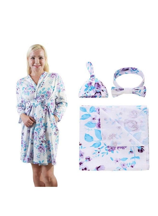 Miracle Baby - 4 Pack Maternity Robe And Matching Baby Swaddle Blanket With Hat Headband Set Stretchy Knitted Delivery Robe With Pockets And Swaddling Wrap For Mummy And Baby (Purple Flower) - Image 1