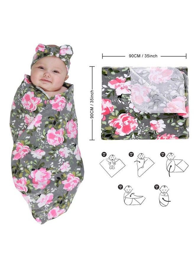 Miracle Baby - 4 Pack Maternity Robe And Matching Baby Swaddle Blanket With Hat Headband Set Stretchy Knitted Delivery Robe With Pockets And Swaddling Wrap For Mummy And Baby (Purple Flower) - Image 1
