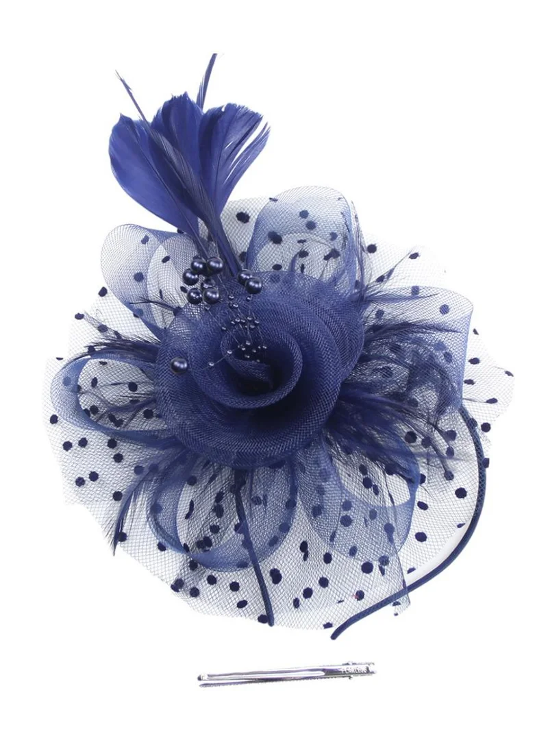 D'Daniela Ddaniela Monalisa Fascinator Hats for Women Tea Party Headband,  Hat Flower Mesh Ribbons Feathers on a Headband and a Clip Tea Party Headwear for Girls and Women Navy Blue