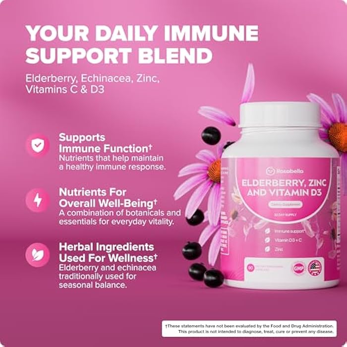 Rosabella Elderberry, Zinc & Vitamin D3 Capsules – Elderberry Supplement with Echinacea, Vitamin C & Zinc, Immune Support Supplement for Daily Wellness, Vegan Capsules – 90 Count (Pack of 1) - Image 3