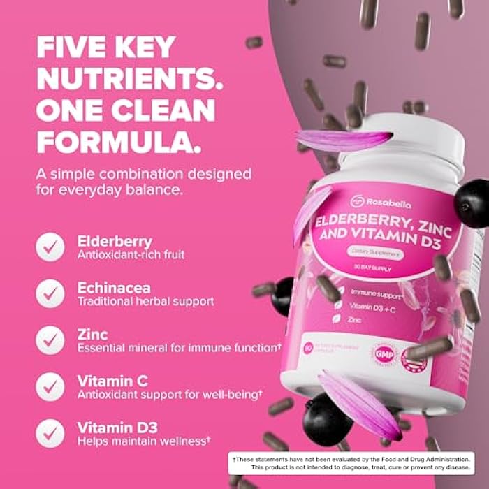 Rosabella Elderberry, Zinc & Vitamin D3 Capsules – Elderberry Supplement with Echinacea, Vitamin C & Zinc, Immune Support Supplement for Daily Wellness, Vegan Capsules – 90 Count (Pack of 1) - Image 5