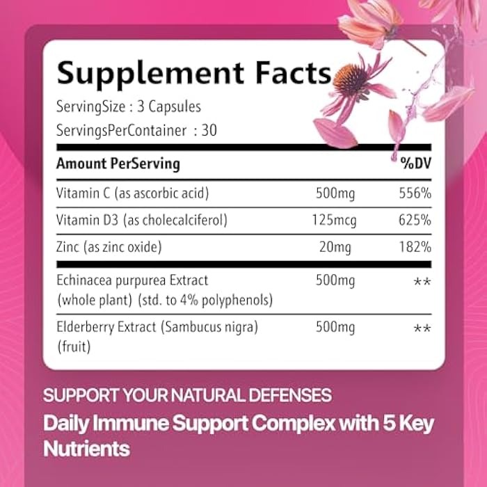 Rosabella Elderberry, Zinc & Vitamin D3 Capsules – Elderberry Supplement with Echinacea, Vitamin C & Zinc, Immune Support Supplement for Daily Wellness, Vegan Capsules – 90 Count (Pack of 1) - Image 2