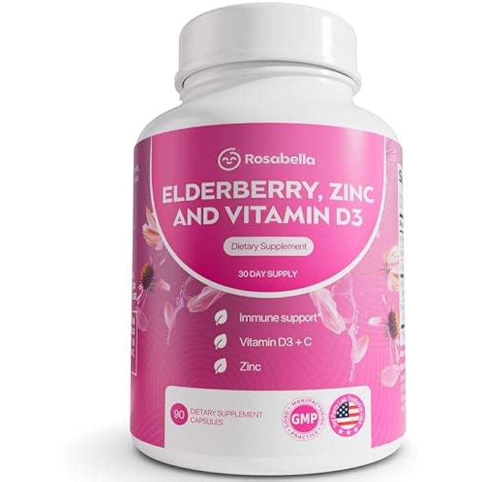 Rosabella Elderberry, Zinc & Vitamin D3 Capsules – Elderberry Supplement with Echinacea, Vitamin C & Zinc, Immune Support Supplement for Daily Wellness, Vegan Capsules – 90 Count (Pack of 1) - Image 1