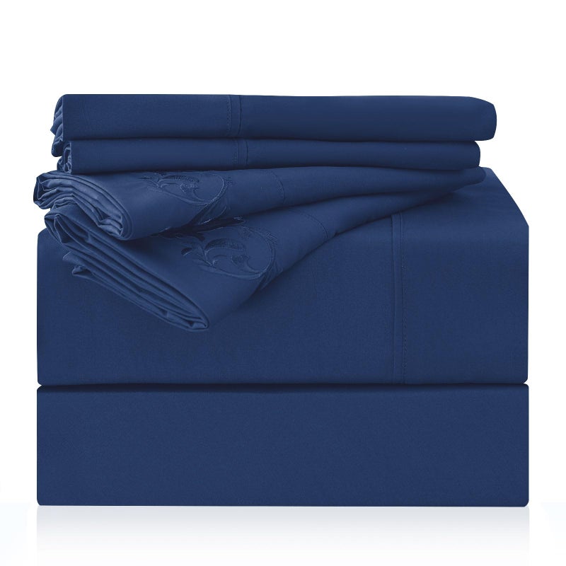 LONAVA California King Size Sheet Set - 6 Piece Hotel Luxury Wrinkle-Free Microfiber Sheet  Oeko-TEX Certified  Breathable & Elastic  16"" Deep Pockets  Navy Blue - Image 1