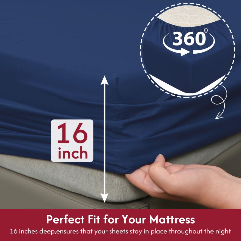 LONAVA California King Size Sheet Set - 6 Piece Hotel Luxury Wrinkle-Free Microfiber Sheet  Oeko-TEX Certified  Breathable & Elastic  16"" Deep Pockets  Navy Blue - Image 3