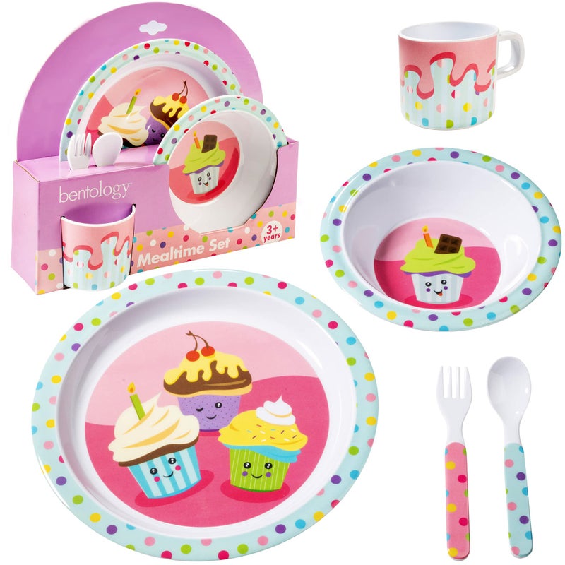Bentology 5 Pc Mealtime Feeding Set for Kids and Toddlers  Cupcake  Includes Plate Bowl Cup Fork and Spoon Utensil Flatware  Durable Dishwasher Safe BPA Free 