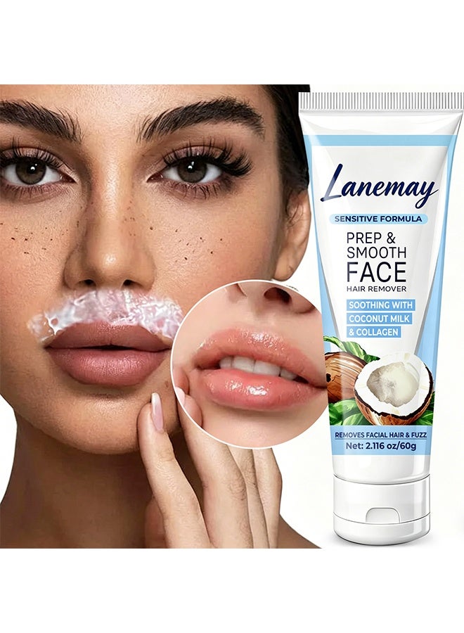 LANEMAY Prep & Smooth Face Hair Remover, Facial Hair Removal Cream For Women, Coconut Facial Depilatory Cream For Sensitive Skin Hair Remover For Upper Lip and Chin For Face Cleansing & Soothing, Gentle And Non-irritating, 60g - Image 1