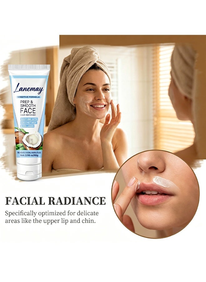 LANEMAY Prep & Smooth Face Hair Remover, Facial Hair Removal Cream For Women, Coconut Facial Depilatory Cream For Sensitive Skin Hair Remover For Upper Lip and Chin For Face Cleansing & Soothing, Gentle And Non-irritating, 60g - Image 2
