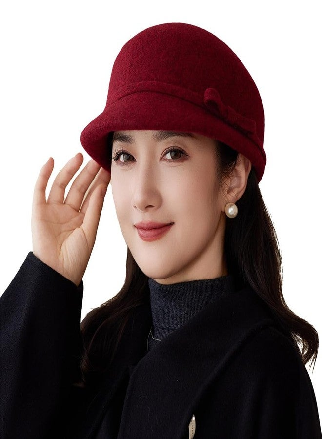 Pocadri Women Vintage Fedora Bowler Hats Elegant Felt Cloche Hat Visor Warm Bowknot Newsboy Cap Fall Winter, A-wine, One size - Image 1