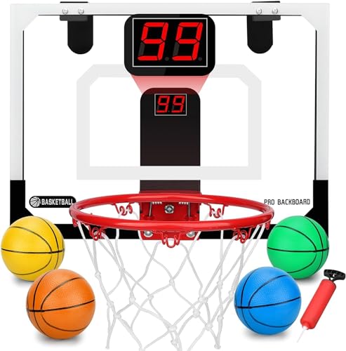 Amarlozn Pro Indoor Mini Basketball Hoop Set for Kids Adults Wall Mount Automatic Scoring Basketball Hoop with 4 Rubber 6 Balls Over The Door Basketball Hoops with Electronic Scoreboard Large Dunk Rim - Image 1