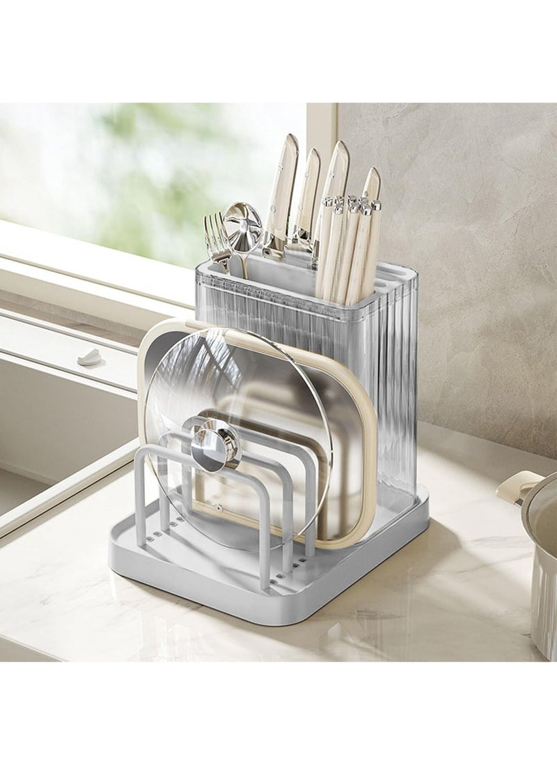 Hihonor Knife Holders, Cutting Board Organizer Holders, Cutting Board Stand For Countertop, Knife Holders With Draining Tray, Rack Knife Integrated Storage, Cookware Storage (Grey)  - Image 1