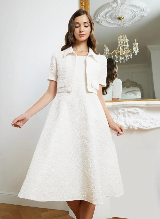 Styli ivory Women Jacquard Midi Dress and Embellished Jacket Set for Women | Best Price UAE
