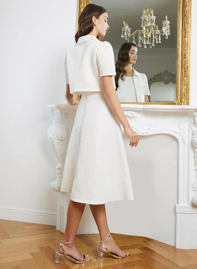 Styli ivory Women Jacquard Midi Dress and Embellished Jacket Set for Women | Best Price UAE