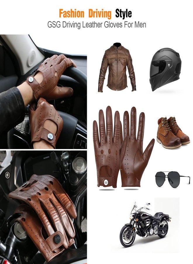 GSG SINCE 1998 GSG Men Genuine Leather Gloves Brown Unlined Biking Touchscreen Driving Gloves Large Palm Hole - Image 5