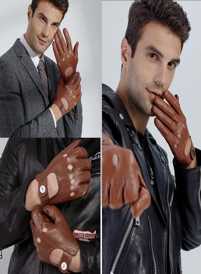 GSG SINCE 1998 GSG Men Genuine Leather Gloves Brown Unlined Biking Touchscreen Driving Gloves Large Palm Hole - Image 2