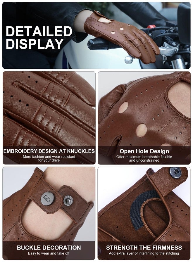 GSG SINCE 1998 GSG Men Genuine Leather Gloves Brown Unlined Biking Touchscreen Driving Gloves Large Palm Hole - Image 3