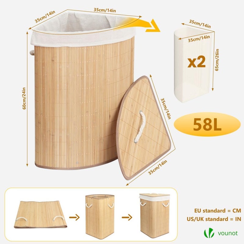 VOUNOT® سلة غسيل من الخيزران للزاوية بسعة 58 لترًا قابلة للطي مع غطاء وحقيبتين قابلتين للإزالة للحمام وغرفة النوم وغرفة الغسيل، خشب طبيعي - Image 3