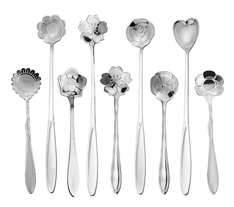 ESRISE 9 Pcs Flower Spoon Coffee Teaspoon Set, ESRISE Stainless Steel Cute Tea Spoon for Drink Mixing Milkshake Jam (Silver) - Image 1