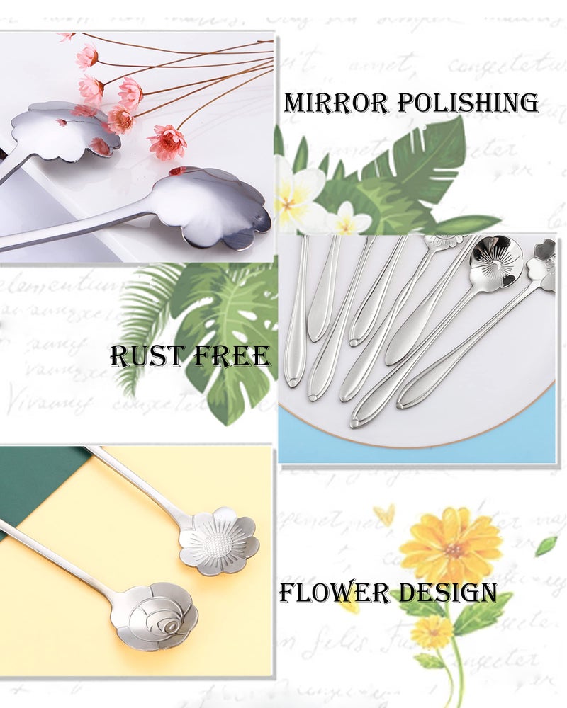 ESRISE 9 Pcs Flower Spoon Coffee Teaspoon Set, ESRISE Stainless Steel Cute Tea Spoon for Drink Mixing Milkshake Jam (Silver) - Image 5