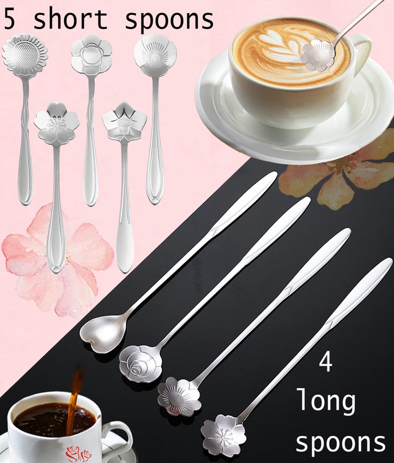 ESRISE 9 Pcs Flower Spoon Coffee Teaspoon Set, ESRISE Stainless Steel Cute Tea Spoon for Drink Mixing Milkshake Jam (Silver) - Image 4