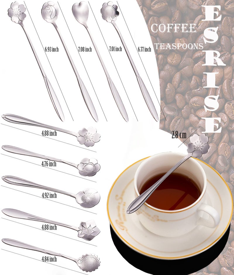 ESRISE 9 Pcs Flower Spoon Coffee Teaspoon Set, ESRISE Stainless Steel Cute Tea Spoon for Drink Mixing Milkshake Jam (Silver) - Image 3