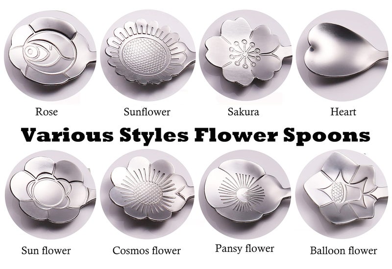 ESRISE 9 Pcs Flower Spoon Coffee Teaspoon Set, ESRISE Stainless Steel Cute Tea Spoon for Drink Mixing Milkshake Jam (Silver) - Image 2