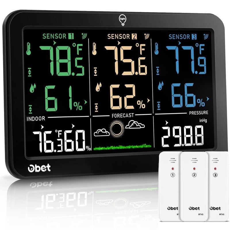 OBET Weather Station Wireless Indoor Outdoor Thermometer Wireless, Color Display Digital Temperature and Humidity Monitor with 3 Sensors, Alerts, Adjustable Backlight, USB Port (500 Feet) - Image 1