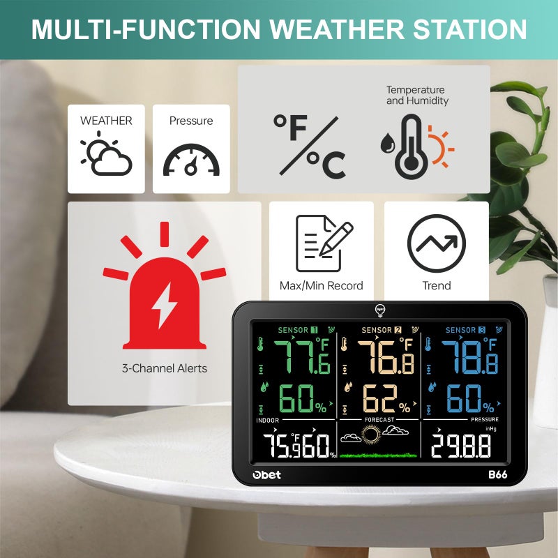 OBET Weather Station Wireless Indoor Outdoor Thermometer Wireless, Color Display Digital Temperature and Humidity Monitor with 3 Sensors, Alerts, Adjustable Backlight, USB Port (500 Feet) - Image 3