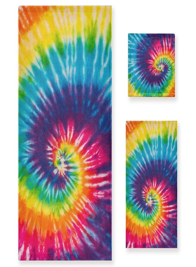 Pfrewn Tie Dye Towels Set of 3 Rainbow Hippie Colors Bathroom Towel Soft Absorbent Chic Abstract Swirl Bath Hand Towels Washcloth Guest Towel Sets Bathroom Decorations - Image 1