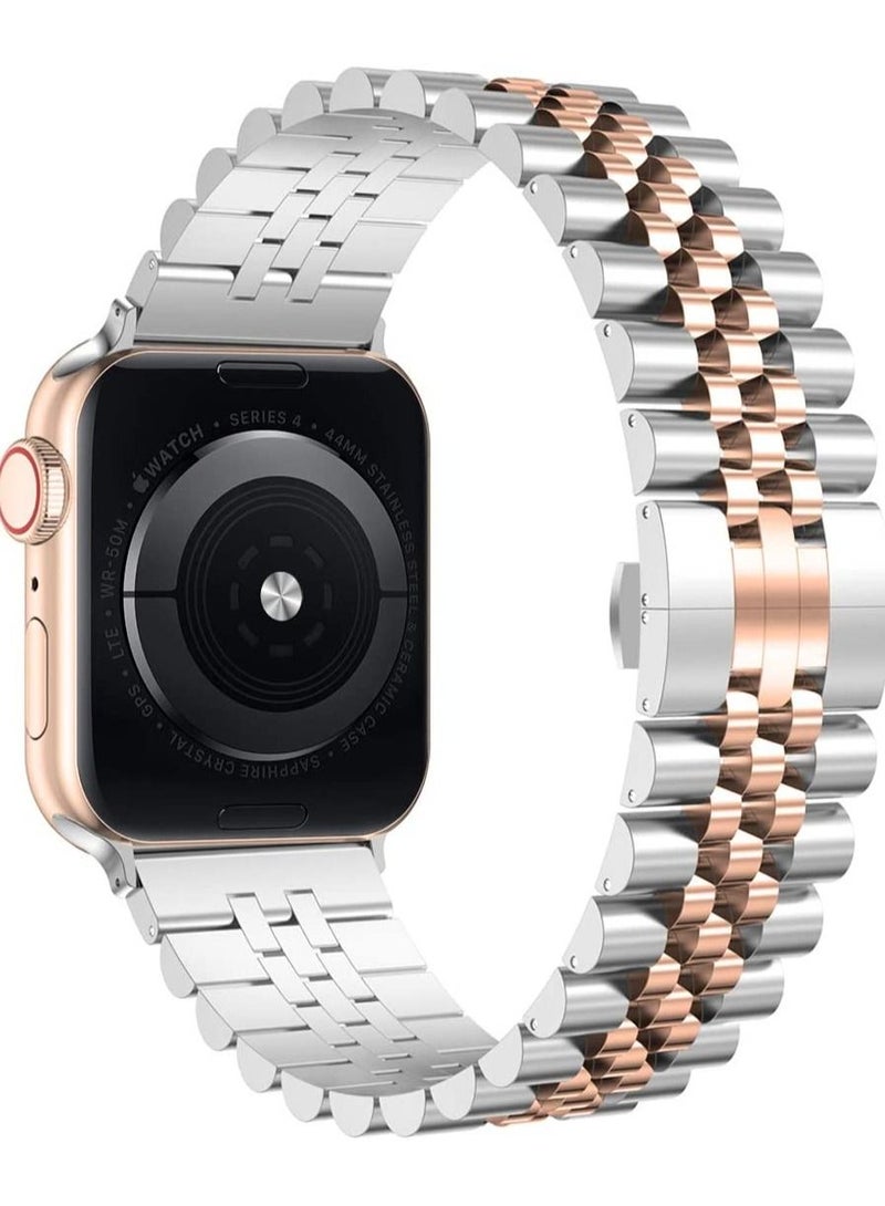 Compatible with Apple Watch Band 41mm 40mm 38mm, Stainless Steel Heavy Band with Butterfly Folding Clasp Link Bracelet for iWatch Series8/7/6/SE Series 5/4/3/Men Women ,Silver/Rose Gold - Image 1