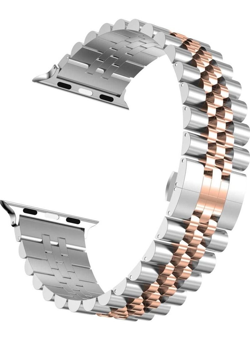 Compatible with Apple Watch Band 41mm 40mm 38mm, Stainless Steel Heavy Band with Butterfly Folding Clasp Link Bracelet for iWatch Series8/7/6/SE Series 5/4/3/Men Women ,Silver/Rose Gold - Image 2